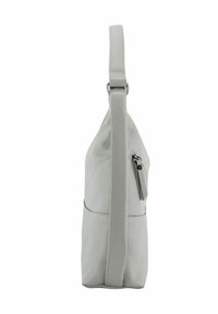 Bolso de mano de cuero gris con forma estructurada. Cuenta con un bolsillo lateral con cremallera y una correa ajustable, mostrando un acabado texturizado.