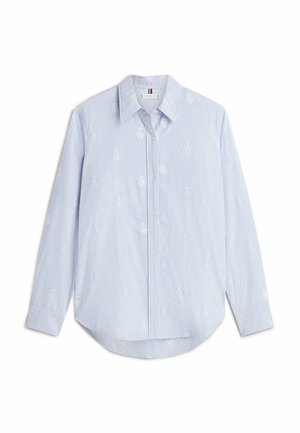 Gestreifte Langarmbluse in Blau und Weiß mit bestickten Details. Mit einem Button-Down-Kragen und gebogenem Saum. Aus Baumwollstoff.