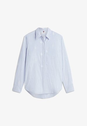 Gestreifte Langarmbluse in Blau und Weiß mit bestickten Details. Mit einem Button-Down-Kragen und gebogenem Saum. Aus Baumwollstoff.