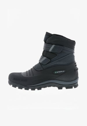 Black winter boot with a textured rubber sole, Velcro straps, and synthetic upper. Features a padded collar and reinforced toe for durability.