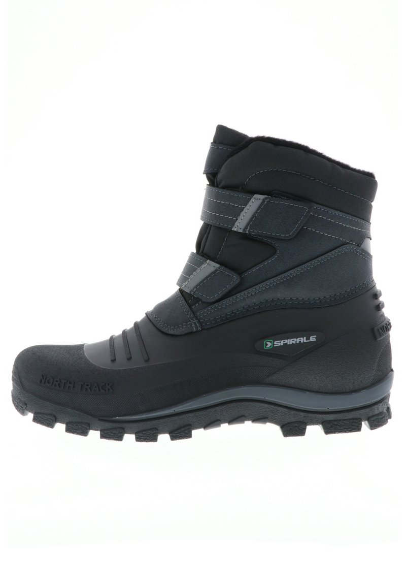 Schwarzer Winterstiefel mit rutschfester Gummisohle, Klettverschlüssen und Obermaterial aus Synthetik. Verfügt über einen gepolsterten Kragen und eine verstärkte Zehenkappe für Langlebigkeit.