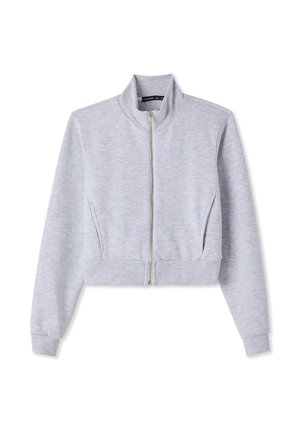 Felpa corta grigia chiara con colletto alto, chiusura a zip frontale, maniche lunghe e polsini a costine. Tessuto morbido con una sottile trama melangiata.