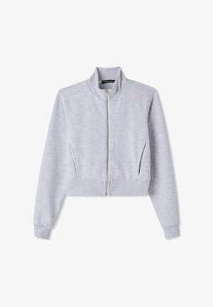 Felpa corta grigia chiara con colletto alto, chiusura a zip frontale, maniche lunghe e polsini a costine. Tessuto morbido con una sottile trama melangiata.