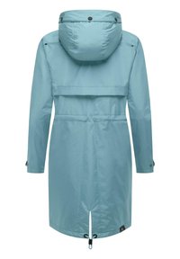 Light blue waterproof jacket featuring a cinched waist, a detachable hood, and snap-button details on cuffs and shoulders.