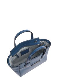 Borsa in pelle blu con due manici superiori, apertura con zip e interno grigio chiaro. Presenta una piccola tasca e hardware minimale.