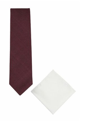 Burgundy tie with small white dot pattern beside plain white folded pocket square on white background.