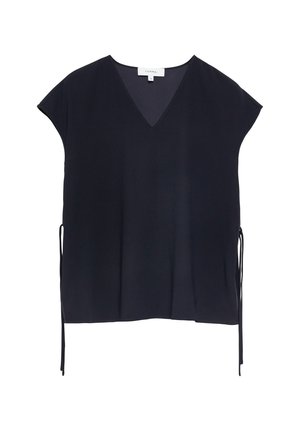 Marineblaue ärmellose Bluse mit V-Ausschnitt, Seitenschleifen und lockerem Schnitt, entworfen für Frauen, Markenetikett "Comma" sichtbar im Krageninneren.