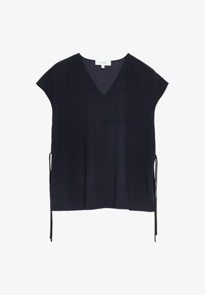 Blusa senza maniche blu navy con scollo a V, laccetti laterali e vestibilità morbida, progettata per donne, con etichetta del marchio "Comma" visibile all'interno del colletto.