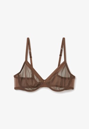 Brown mesh bra with underwire, adjustable straps, and a triangular design. Features semi-transparent cups and a smooth texture.