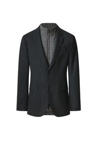 Blazer grigio scuro realizzato in tessuto misto lana. Presenta un colletto con zip, chiusura monopetto, due tasche a patta e un design minimalista.