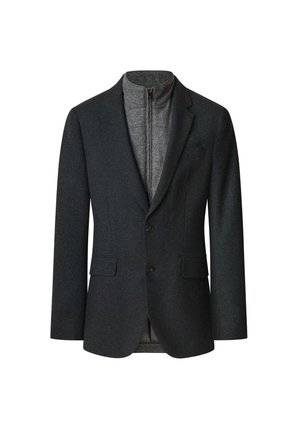 Blazer gris foncé en tissu mélangé de laine. Dispose d'un col zippé, d'un devant à bouton unique, de deux poches à rabat et d'un design minimaliste.
