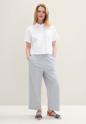 Chemise blanche à manches courtes boutonnée, pantalon large rayé bleu clair, et sandales bleues avec des sangles texturées. Tenue simple et décontractée.