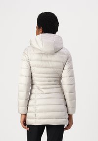 Giacca puffer grigia chiara con cappuccio, caratterizzata da sezioni trapuntate, taglio di media lunghezza e una texture liscia e lucida.