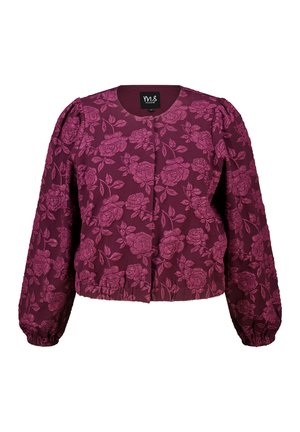 Veste courte bordeaux à motif floral, tissu texturé, encolure ronde, et manches bouffantes avec poignets élastiques.