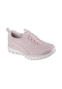 Rosa Netzsneaker mit einer strukturierten Oberseite, elastischen Schnürsenkeln und einer weißen Gummisohle, die eine leichte Erhöhung aufweist, sowie mit einer Schlaufe an der Ferse.