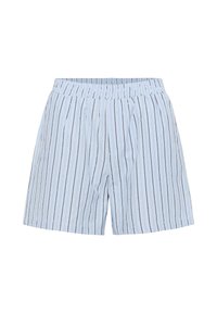 Světle modré pruhované boxerky s elastickým pasem. Mají úzké svislé pruhy v tmavě modré barvě, vyrobené z měkké látky.