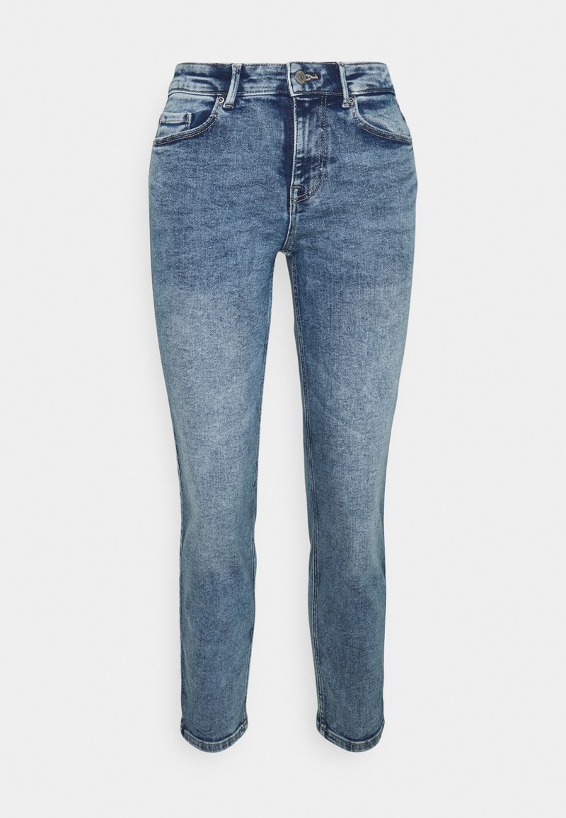 Světle modré džíny v slim fit s pěti kapsami, zapínáním na knoflík a jemným efektem vyblednutí. Hladký materiál a rovný střih nohavic.