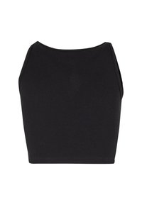 Μαύρο ριμπ crop top με απλό, αμάνικο σχέδιο και φαρδύ λαιμόκομμα, προσαρμοσμένη σιλουέτα. Απαλή υφή.