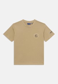Tan short-sleeve t-shirt made of cotton. Features a round neck, a small logo print on the chest, and additional text on the sleeve.