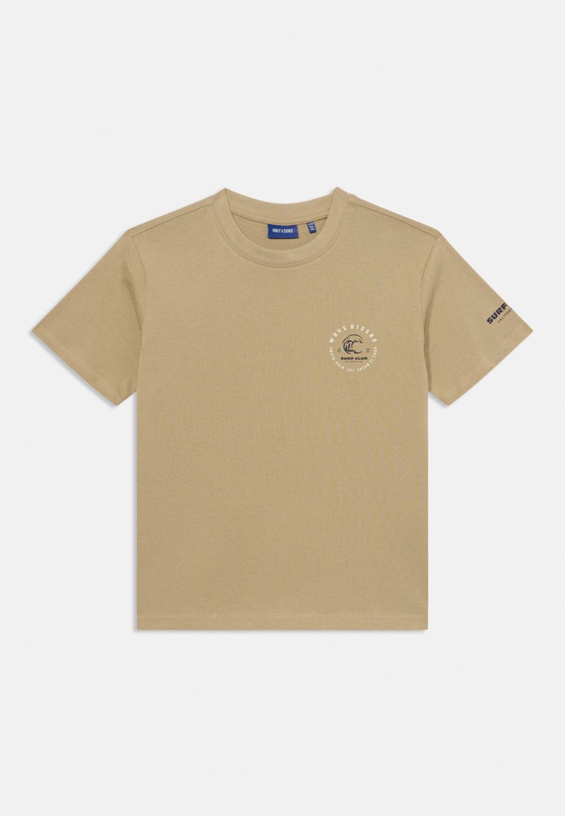 Tan short-sleeve t-shirt made of cotton. Features a round neck, a small logo print on the chest, and additional text on the sleeve.