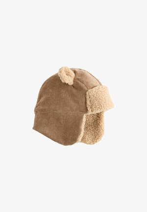 Sombrero de pana marrón con un suave forro de piel sintética beige y orejeras. Presenta pequeñas orejas redondeadas en la parte superior.