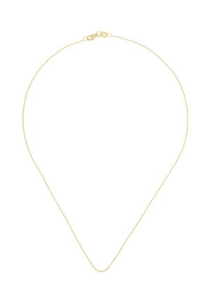 Delicata collana sottile in catena d'oro con piccola chiusura a moschettone su sfondo bianco.
