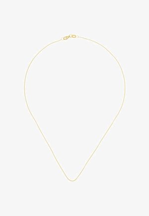 Delicata collana sottile in catena d'oro con piccola chiusura a moschettone su sfondo bianco.
