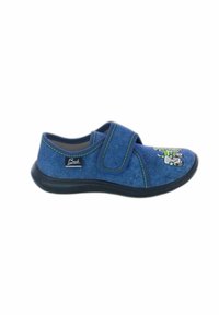 Blauer Stoffschuh mit Klettverschluss, runder Zehenform, schwarzer Gummisohle und einem Cartoon-Charakterdesign auf der Vorderseite mit grünen Akzenten.