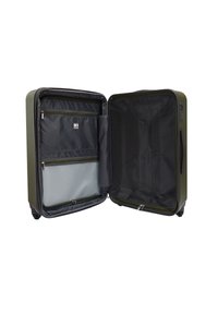 Zielona twarda walizka z podwójnymi suwakami, wewnętrznymi kieszeniami do organizacji, szarym siateczkowym wykończeniem i pustą główną komorą.