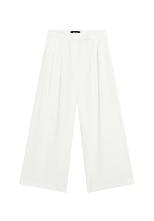 Wijd-uitlopende broeken van witte stof, met voorplooien, een platte tailleband en een relaxed fit. Gladde textuur en geen zichtbare patronen.