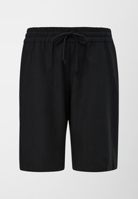 Pantaloni corti neri realizzati in morbido tessuto, con cintura elasticizzata e cordino regolabile, e taglio dritto che termina poco sopra il ginocchio.