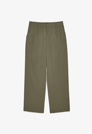Olive green high-waisted trousers with belt loops, front pleats, side pockets, and a wide-leg cut, displayed flat on white background.