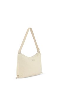 Beige Schultertasche aus strukturiertem Stoff mit Fischgrätenmuster, ausgestattet mit einem verstellbaren Tragegurt und einem glatten Finish.