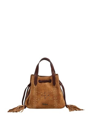 Brun ruskindstaske med mørke læderhåndtag, dekorative nitter i et stjernemønster, snørelukning og kvaster på siderne.