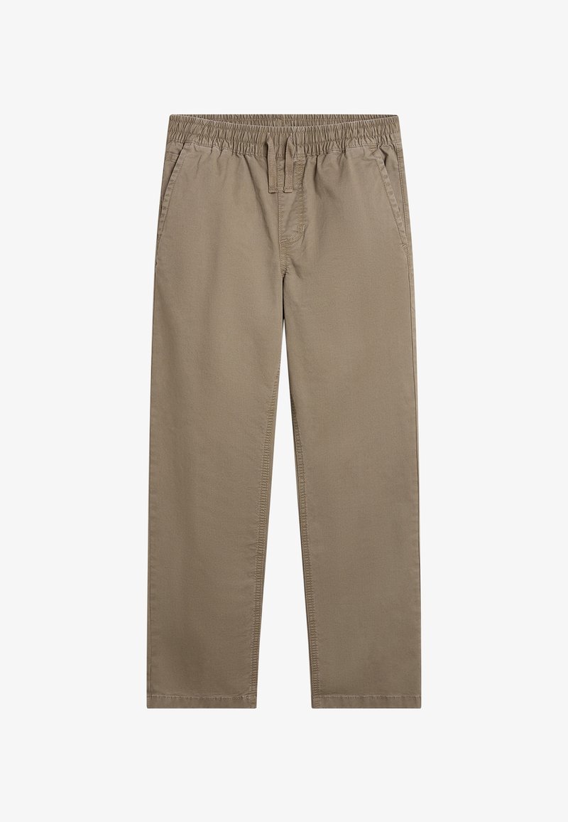 Beige katoenen broek met een elastische tailleband, trekkoord en zijzakken; rechte pijpen ontwerp met subtiele stiksels.
