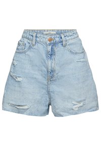 Shorts de denim de lavado claro con cintura alta, con dobladillo deshilachado, detalles desgastados y bolsillos frontales. Cierre de botón y lazos para cinturón incluidos.