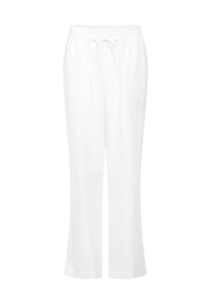 Witte, geweven pyjamabroek met een losse pasvorm, voorzien van een elastische tailleband en een trekkoord, ontworpen voor comfort en bewegingsvrijheid.