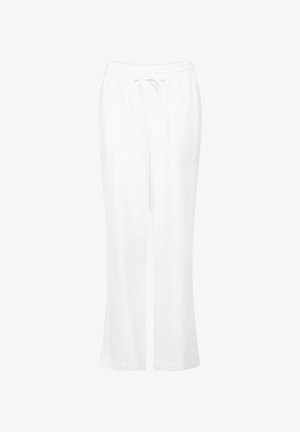 Witte, geweven pyjamabroek met een losse pasvorm, voorzien van een elastische tailleband en een trekkoord, ontworpen voor comfort en bewegingsvrijheid.