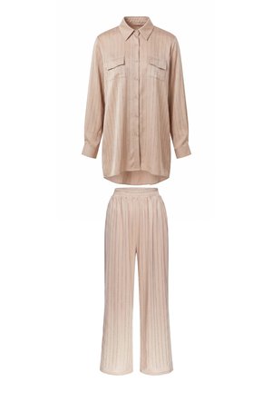 Beige satin pajama set with subtle vertical stripes, featuring a long-sleeve button-up shirt and matching wide-leg pants.