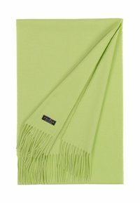 Sciarpa frangiata verde chiaro realizzata in morbido tessuto, con etichetta del marchio, caratterizzata da una texture liscia e un colore uniforme.