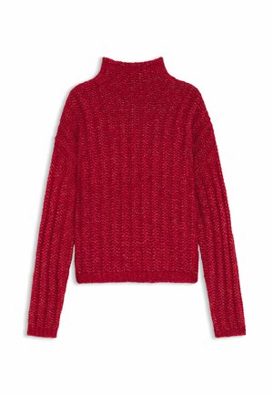 Roter Strickpullover mit langen Ärmeln, hohem Kragen, gerippter Textur und lockerer Passform. Verfügt über eine einfarbige Gestaltung und keine sichtbaren Muster.