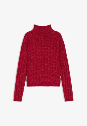 Maglione rosso lavorato a maglia con maniche lunghe, colletto alto, trama a coste e vestibilità comoda. Presenta un colore uniforme e nessun motivo visibile.