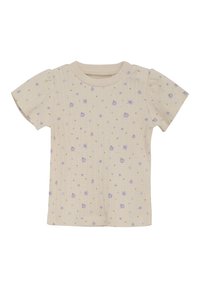 Kortærmet top i ribbet beige stof med et blomstermotiv med små lilla blomster og grønne detaljer. Rund halsudskæring, blød tekstur.