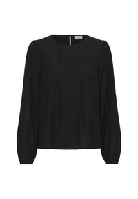 Blouse noire à manches longues avec un col rond et un tissu légèrement texturé. Elle présente un dos à fente et des manches bouffantes.