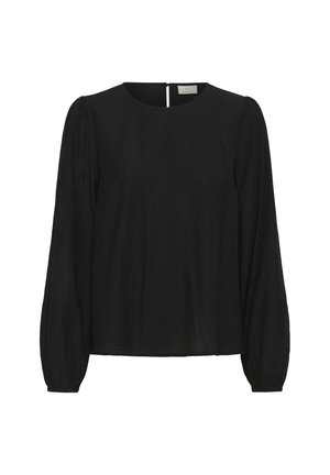 Blouse noire à manches longues avec un col rond et un tissu légèrement texturé. Elle présente un dos à fente et des manches bouffantes.