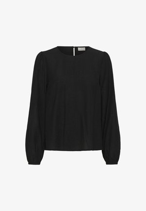Black long-sleeve blouse with a round neckline and subtle textured fabric. Features a keyhole back and puffed sleeves.