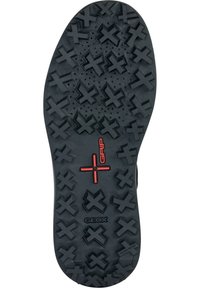 Suela de zapato de goma negra con una superficie texturizada y con patrones. Presenta un prominente logo rojo de "GRIP" y múltiples diseños de banda de rodadura en forma de cruz.