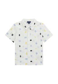 Kurzärmliges weißes Hemd mit bunten aquatischen und Palmenmustern, ausgestattet mit Knöpfen und einem kragenförmigen Design. Weiche Stofftextur.