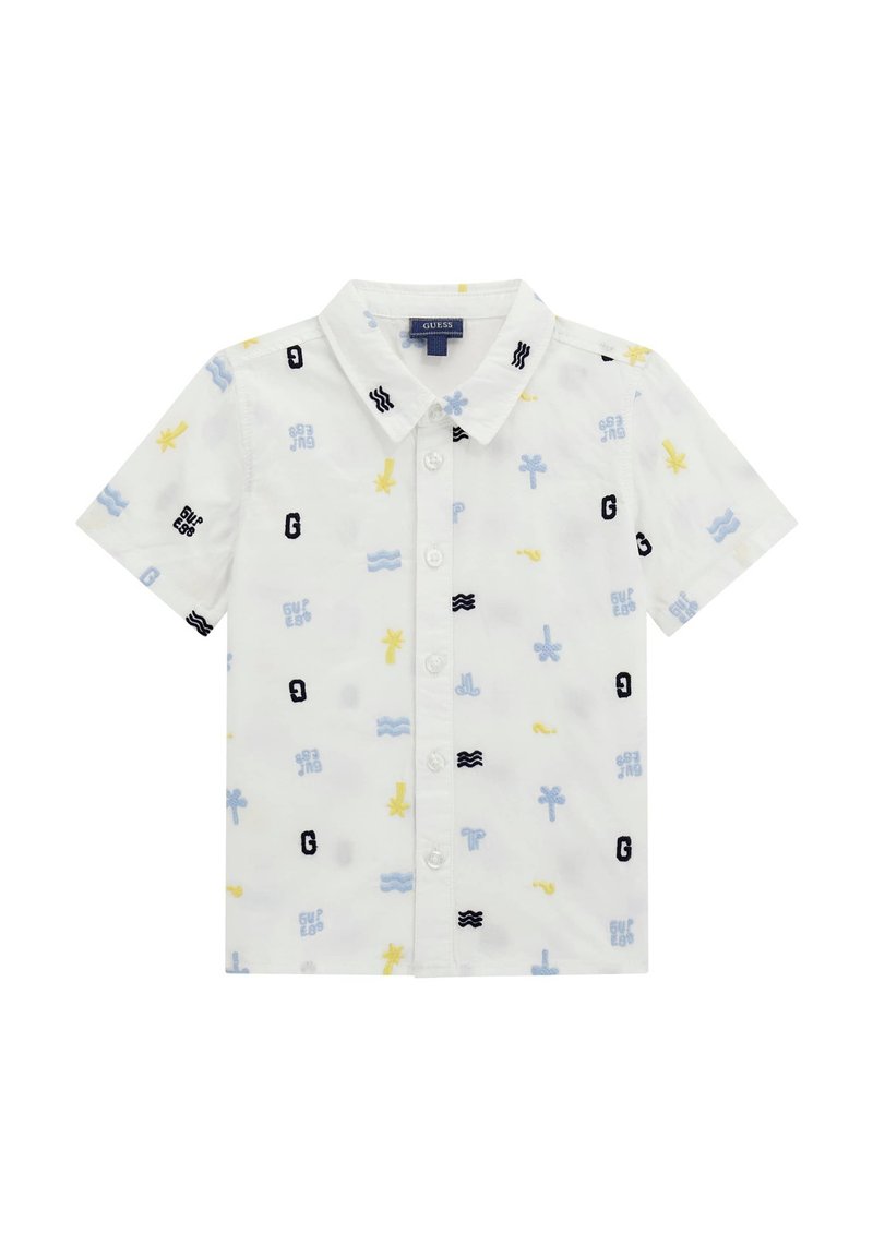 Kurzärmliges weißes Hemd mit bunten aquatischen und Palmenmustern, ausgestattet mit Knöpfen und einem kragenförmigen Design. Weiche Stofftextur.
