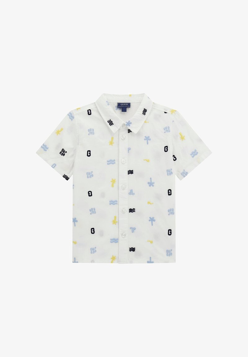 Wit overhemd met korte mouwen, versierd met kleurrijke aquatische en palmboom patronen, met knopen en een kraagontwerp. Zachte stoftextuur.